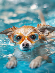 Adventurous Chihuahua Swimming with Goggles in Refreshing Pool - obrazy, fototapety, plakaty