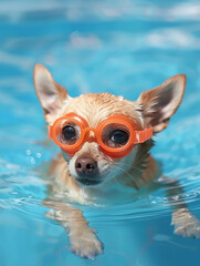 Adventurous Chihuahua Swimming with Goggles in Vibrant Blue Pool - obrazy, fototapety, plakaty