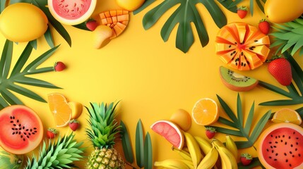 banner with tropical fruit paper on yellow background. summer day. copy space - obrazy, fototapety, plakaty