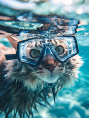 Adventurous Maine Coon Cat Exploring the Underwater World with Snorkeling Gear - obrazy, fototapety, plakaty