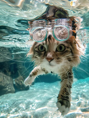 Adventurous Norwegian Forest Cat Underwater Wearing Swim Gear in Vibrant Aquatic Scene - obrazy, fototapety, plakaty