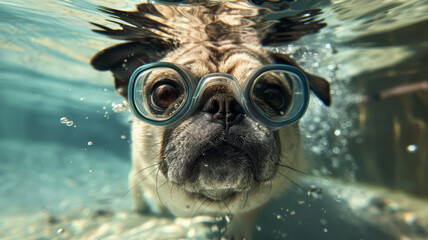 Adventurous Pug Playfully Swimming with Goggles in Refreshing Aquatic Environment - obrazy, fototapety, plakaty