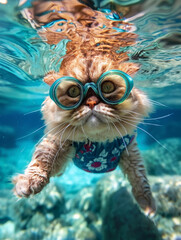 Adventurous Persian Cat Swimming Underwater in Pool Wearing Swim Trunks and Goggles - obrazy, fototapety, plakaty
