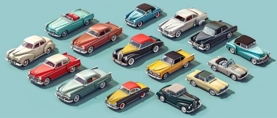 A fantastic isometric set of vintage cars, detailed to evoke a nostalgic trip down the automotive memory lane, model isolated on solid color background