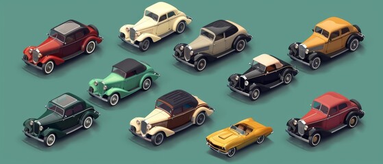 A fantastic isometric set of vintage cars, detailed to evoke a nostalgic trip down the automotive memory lane, model isolated on solid color background