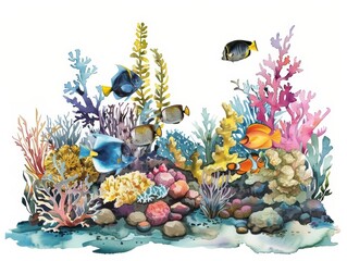 A fantastic watercolor depicting a vibrant coral reef teeming with marine life, designed as a simple clipart isolated on a white background