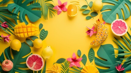 banner with tropical fruit paper on yellow background. summer day. copy space