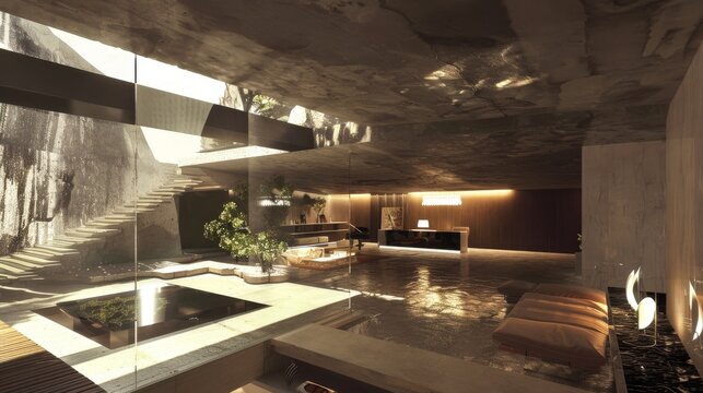 This image showcases an upscale, contemporary interior featuring a sophisticated design with natural elements and modern lighting The ambiance suggests tranquility and style