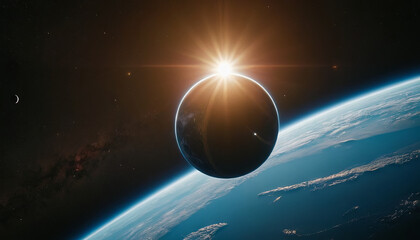 The sun is seen rising over the horizon of the Earth, casting a warm glow over the planet