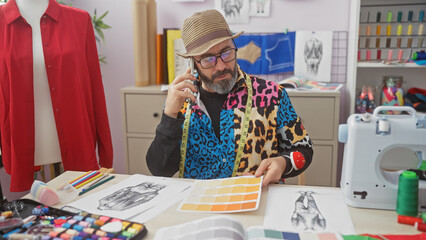 Stylish man in a hat discussing over the phone in a colorful tailor shop with drawings and fabric samples.