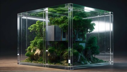 Cube, 4k, small modern house inside cube!, clear plastic, iridescent, studio photography!, solid color floor! solid color background! table top photography! realistic! green!