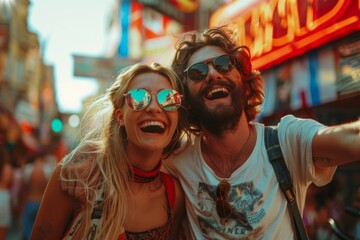 Obraz premium A man and a woman are smiling and posing for a picture in front of a neon sign