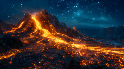 Photo realistic image of an active volcano under a starry night sky with a trail of lava illuminating the darkness   Active Volcano Night Sky Concept