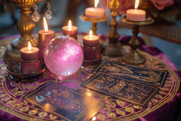 Tarot cards with celestial symbols, lie open on a mystical purple and gold table.