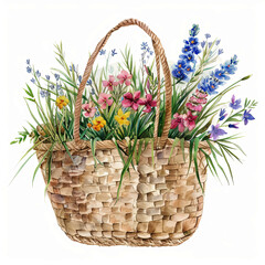 vintage-style watercolor depicting a straw bag brimming with wildflowers against a pristine white background