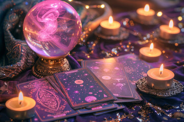 Tarot cards with celestial symbols, lie open on a mystical purple and gold table with pink crystal ball
