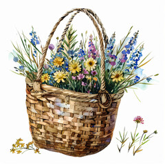Vintage watercolor illustration of a straw bag adorned with wildflowers against a clean white backdrop