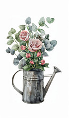 Vintage watercolor illustration of gray metal pitcher with roses and eucalyptus on white backdrop.