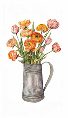 Vintage watercolor illustration of gray metal pitcher with orange ranunculus & soft pink tulips on white backdrop.