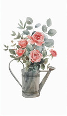 Vintage watercolor illustration of gray metal pitcher with rose bouqet and eucalyptus on white backdrop.