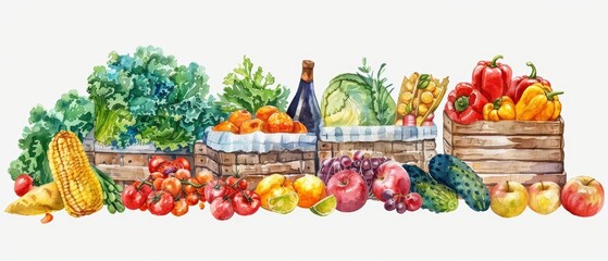 A set of watercolor of a bustling farmers market, showcasing organic produce, Clipart isolated with a white background