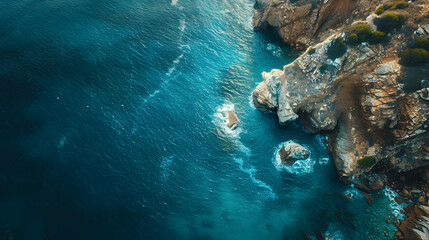 Aerial View of Coastal Cliffs: Capturing the Stunning Contrast of Rugged Cliffs and the Deep Blue...