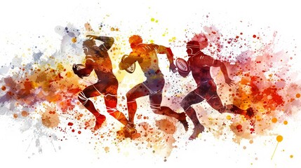A set of watercolor of a dynamic rugby match in action, capturing the intensity of the sport, Clipart isolated minimal with white background