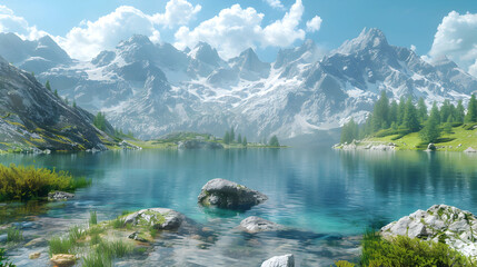 High Mountain Serenity: A Photo realistic Capture of Alpine Lake Tranquility with Breathtaking Views and Solitude among Peaks