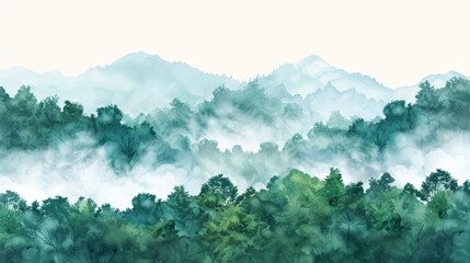 A set of watercolor of a lush green forest under the morning mist, awakening the spirit of adventure, Clipart isolated minimal with white background