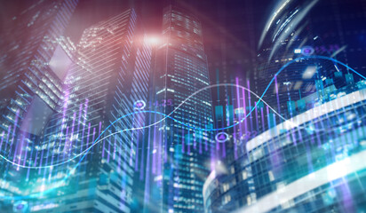 Stock market business concept. Financial graphs and digital indicators with modern city background