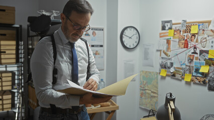 Mature bearded man in office scrutinizing documents with evidence board in background hinting at a...