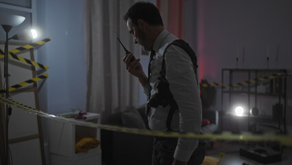 Middle-aged man investigates a crime scene indoors, using radio, with caution tape in the...
