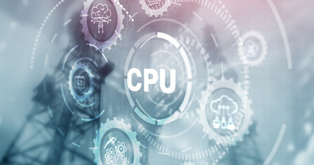 CPU Icon. Digital binary data on microchip with glow circuit board background