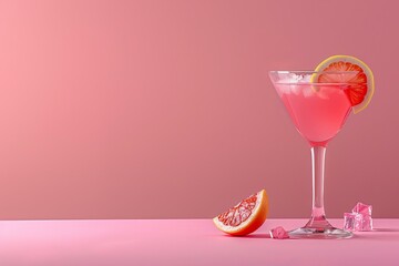 Stylish cocktail glass with a lemon slice, ice cubes, and grapefruit on a soft pink backdrop