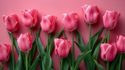 Obraz premium Pink tulips, pink background. A template for a conceptual banner for women's Day