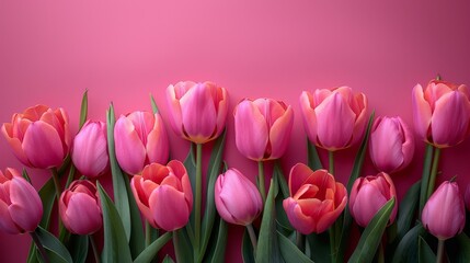 Obraz premium Pink tulips, pink background. A template for a conceptual banner for women's Day