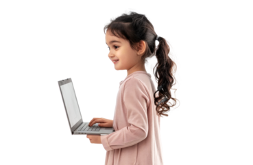Young Girl Using Laptop on Transparent Background