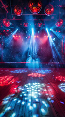 Neon-lit dance floor in an unoccupied nightclub, featuring vibrant purple hues in the illustration