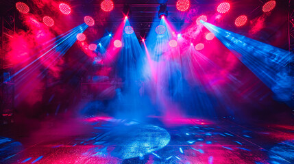 Vivid illustration of an abandoned disco dance floor, bathed in neon lights and purple shades