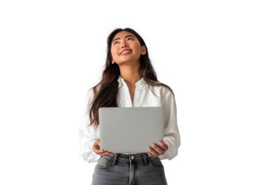 Southeast Asian Woman with Laptop Smiling - Powered by Adobe