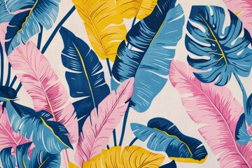 Exotic banana and palm leaves intertwine in colorful arrays of pink, blue, and yellow, forming a seamless pattern on luxurious vintage fabric