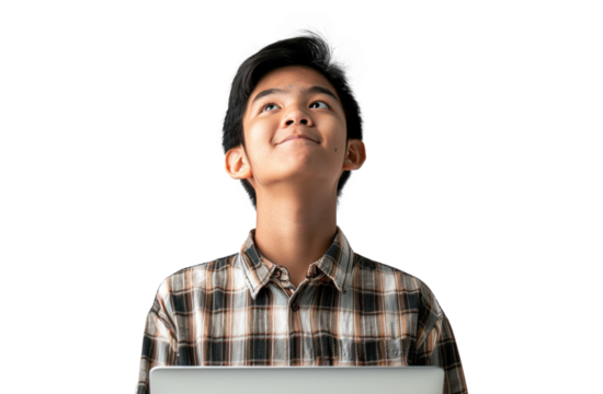 Young Asian Boy with Laptop Looking Upward