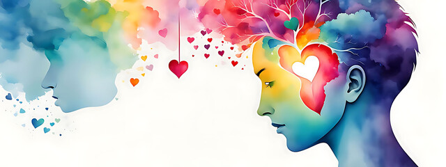 3d illustration of mental health day human profile and heart with icons, copy space