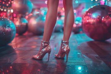 A close-up of someone wearing sparkling high heels amidst a vibrant dance floor setting with glowing lights