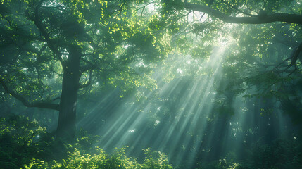 Sunlight filtering through dense canopy of ancient woodland in a photo realistic concept highlighting timeless beauty