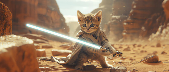 kitten with lightsaber, AI generated
