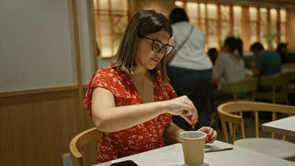 Beautiful hispanic woman pouring sugar into morning coffee at a cozy cafe, her glasses glinting in...