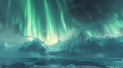 Northern Lights Dance Over Snowy Peaks: Mesmerizing Winter Landscape with Vivid Aurora   Photo Stock Concept
