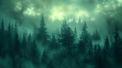 Enchanted Forest: Ethereal Green Aurora Illuminates Trees in Northern Lights Glow