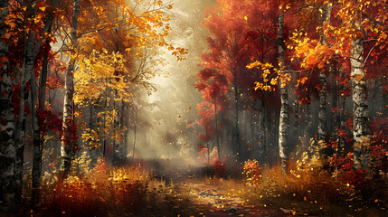 Photo realistic depiction of Autumn Colors in Old Growth Forest, capturing nature s transformation into a canvas of vibrant hues from deep reds to bright yellows   Stock Photo Conc